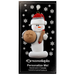 Ornament of white snowman in red hat holding a baked pie and rolling pin, on display backing card.