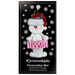 Ornament of white snowman in red hat wearing a pink tutu, on display backing card.