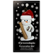 Ornament of white snowman in red hat holding a baseball bat and a baseball, on display backing card.