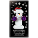 Ornament of white snowman in red hat holding purple cheerleader pom-poms, on display backing card.