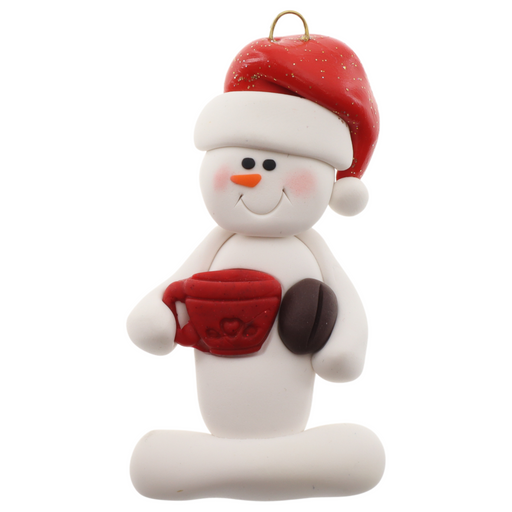 Ornament of white snowman in red hat holding colourful mug and coffee bean.