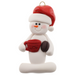 Ornament of white snowman in red hat holding colourful mug and coffee bean.