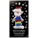 Ornament of white snowman in red hat holding an in-progress knitting project on knitting needles, on display backing card.