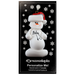 Ornament of white snowman in red hat with a round stomach that says “baby”, on display backing card.
