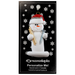 Ornament of white snowman in red hat holding a piece of wood and a screw, on display backing card.