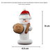 Ornament of white snowman in red hat holding a baked pie and rolling pin, graphed to show size (4.5x9cm).