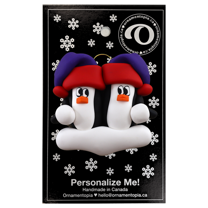 A couple’s ornament of two penguins in colourful hats, on display backing card.