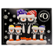 Family ornament with 6 black and white penguins in colourful festive hats, on display backing card.