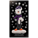 Penguin wearing purple hat and scarf ornament, on display backing card.