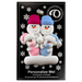 Family ornament with 2 large and 2 infant snowmen in pink and blue, on display backing card.