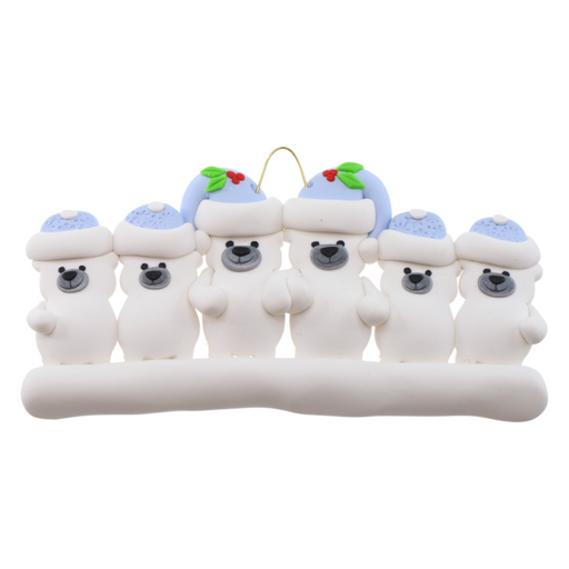 Family ornament with 6 polar bear figures in blue Christmas hats.