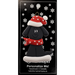 Ornament of black dog in a red and white polka dot Christmas hat and scarf, on display backing card.