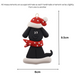 Ornament of black dog in a red and white polka dot Christmas hat and scarf, graphed to show size (6x9.5cm).