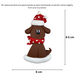 Ornament of brown dog in a red and white polka dot Christmas hat and scarf, graphed to show size (6x9.5cm).
