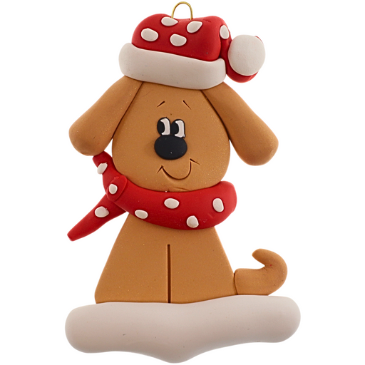 Ornament of tan dog in a red and white polka dot Christmas hat and scarf.