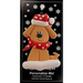 Ornament of tan dog in a red and white polka dot Christmas hat and scarf, on display backing card.