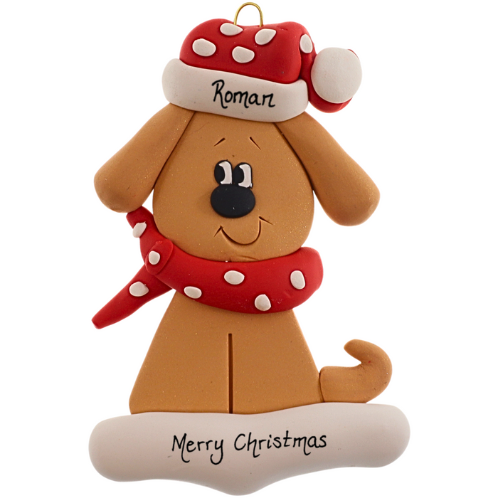 Ornament of tan dog in a red and white polka dot Christmas hat and scarf, personalized with name.