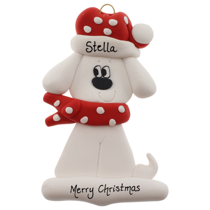 Ornament of white dog in a red and white polka dot Christmas hat and scarf, personalized with name.