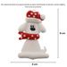 Ornament of white dog in a red and white polka dot Christmas hat and scarf, graphed to show size (4x9cm).