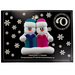 Family ornament with 2 white snowmen in colourful hats holding matching presents, on display backing card.