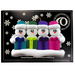 Family ornament with 4 white snowmen in colourful hats holding matching presents, on display backing card.