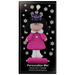 Pink princess with crown and black hair ornament, on display backing card.