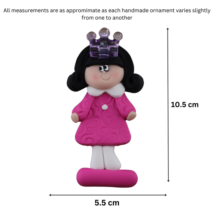 Pink princess with crown and black hair ornament, graphed to show size (5.5x10.5cm).