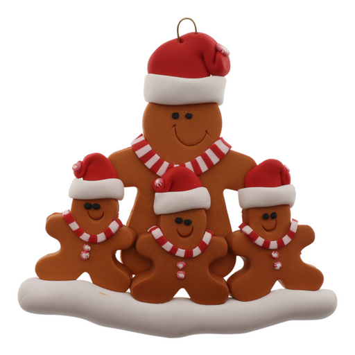 Family ornament with 1 large and 3 small brown gingerbread figures in red Christmas hats.