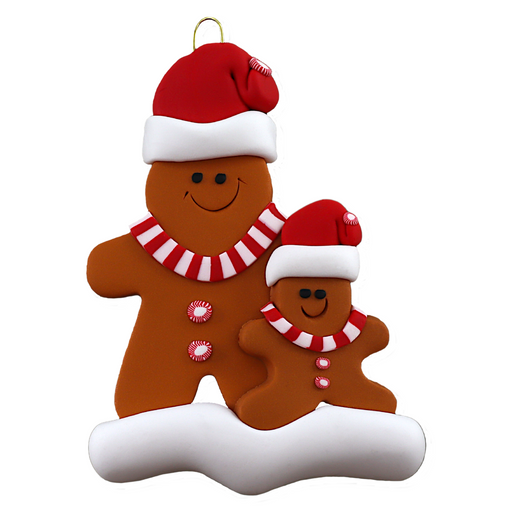 Family ornament with 1 large and 1 small brown gingerbread figure in red Christmas hats.