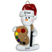 Ornament of white snowman in red hat holding a paint palette and paintbrush, personalized with name.