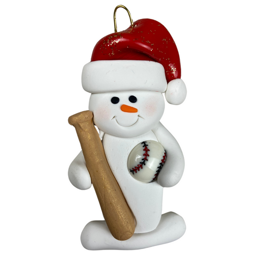 Ornament of white snowman in red hat holding a baseball bat and a baseball.