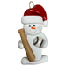 Ornament of white snowman in red hat holding a baseball bat and a baseball.