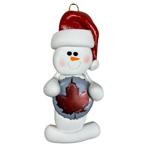 Ornament of white snowman in red hat holding a beer bottle cap.