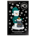 Ornament of snowman in a green shirt and hat with grey cat in Christmas hat, on display backing card.