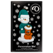 Ornament of snowman in a green shirt and hat with orange cat in Christmas hat, on display backing card.