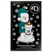Ornament of snowman in a green shirt and hat with white cat in Christmas hat, on display backing card.