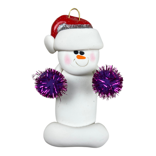 Ornament of white snowman in red hat holding purple cheerleader pom-poms.