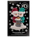 Ornament of snowman couple in red and green shirts and hats with grey cat in Christmas hat, on a display backing card.