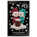 Ornament of snowman couple in red and green shirts and hats with brown dog in Christmas hat, on display backing card.