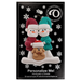 Ornament of snowman couple in red and green shirts and hats with tan dog in Christmas hat, on display backing card.