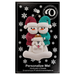 Ornament of snowman couple in red and green shirts and hats with white dog in Christmas hat, on display backing card.