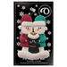 Ornament of snowman couple in red and green shirts and hats with a black cat in Christmas hat, on a display backing card.