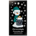Ornament of snowman in green shirt and hat with grey dog in Christmas hat, on display backing card.