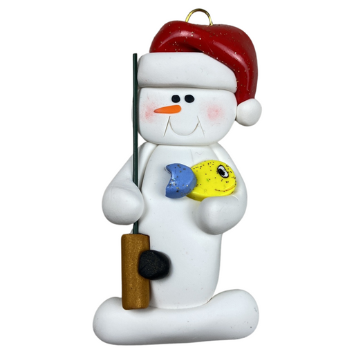 Ornament of white snowman in red hat holding a fishing pole and colourful fish.