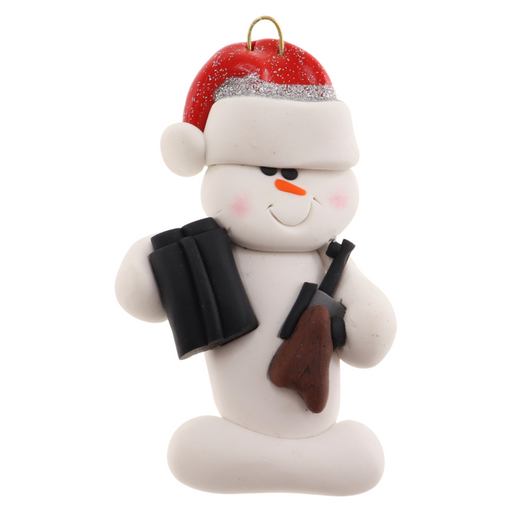 Ornament of white snowman in red hat holding a hunting rifle and pair of binoculars.