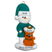 Ornament of snowman in a green shirt and hat with orange cat in Christmas hat, personalized with names.