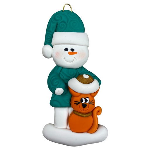 Ornament of snowman in a green shirt and hat with orange cat in Christmas. hat.