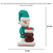 Ornament of snowman in green shirt and hat with brown dog in Christmas hat, graphed to show size (5x11cm).