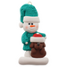 Ornament of snowman in green shirt and hat with brown dog in Christmas hat.