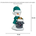 Ornament of snowman in green shirt and hat with grey dog in Christmas hat, graphed to show size (5x11cm).